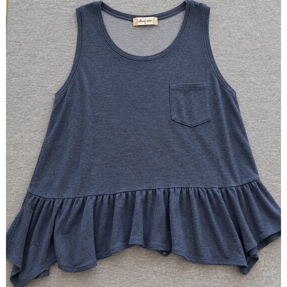 Altar'd State Women's M Blue Heathered Ruffle Peplum Tank Top Pocket Boho